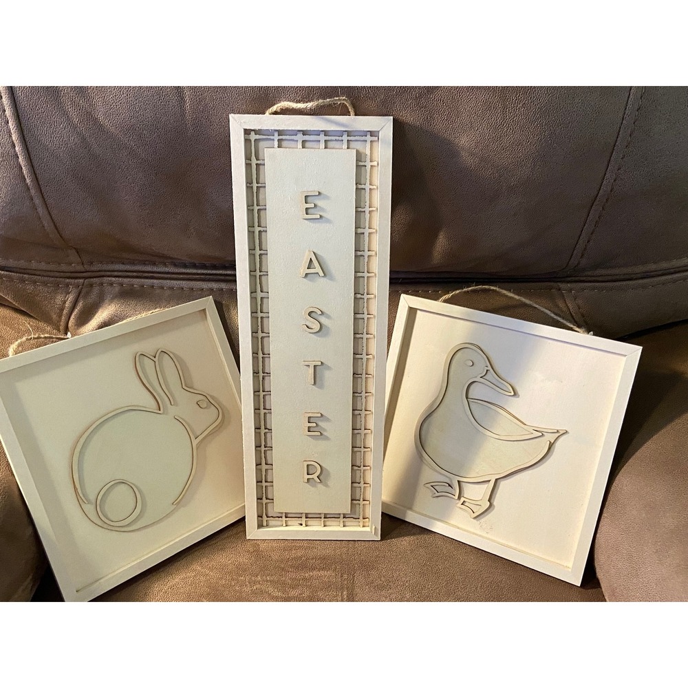 JAS Craft Easter Wood Wall Decor 3pc Set Bunny Duck Sign White Neutral Modern